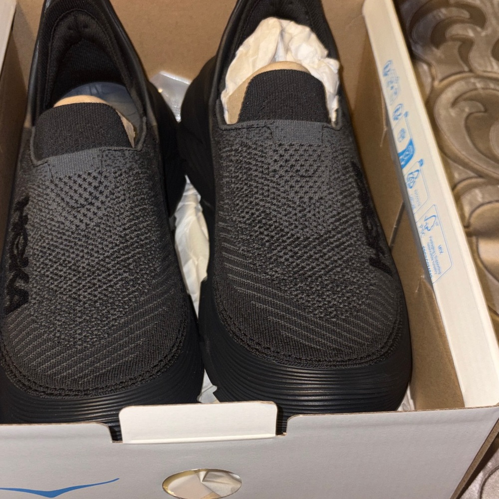 Hoka Unisex Restore TC Black Slip-On Knit Recovery Shoes. NIB